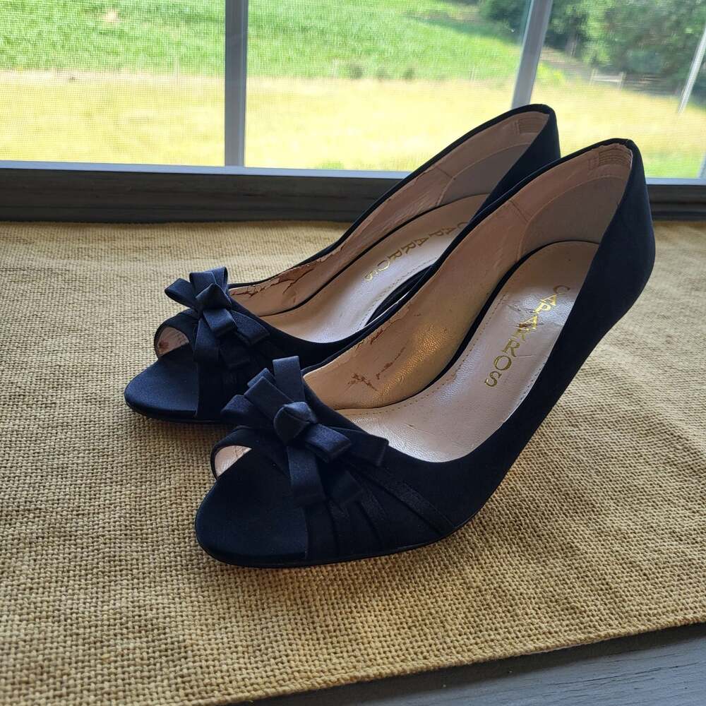 Caparros Black Satin Peep Toe Bow Kitten Heels